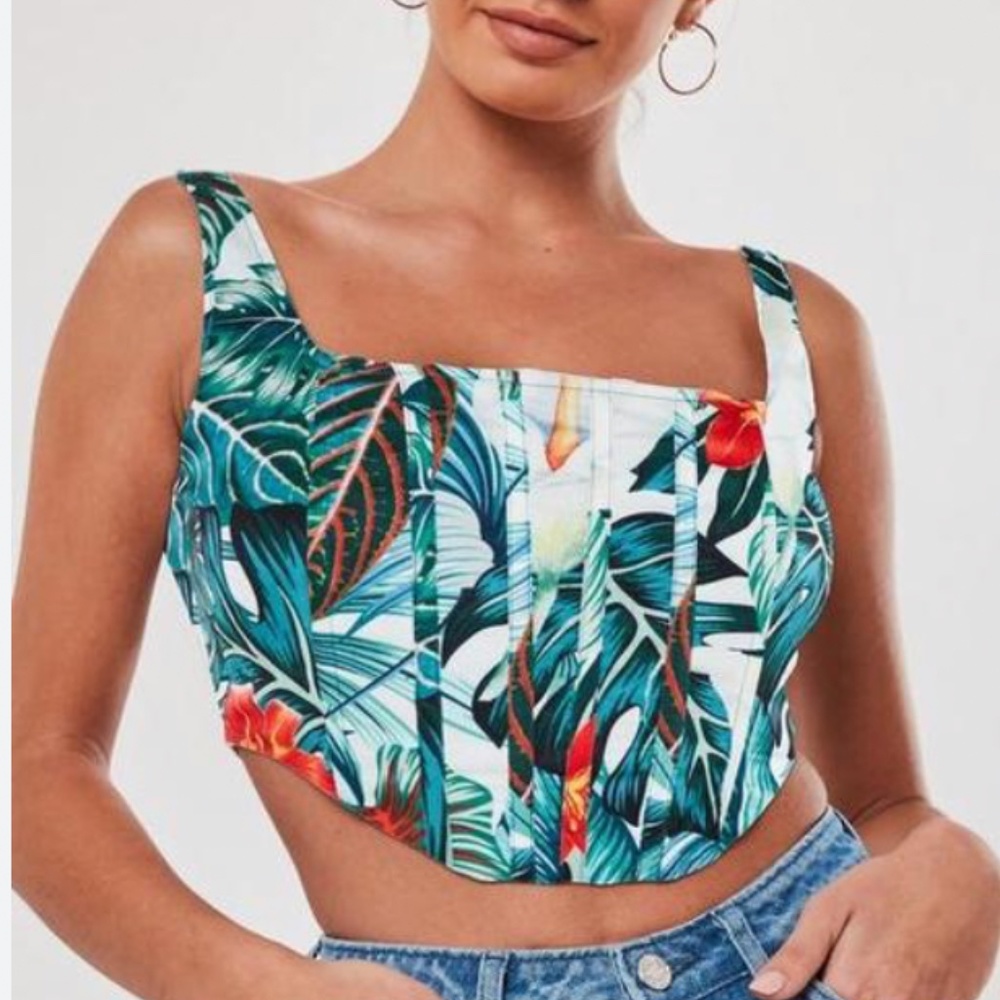 MISSGUIDED Bustier Crop Sleeveless Watercolor Tropical Leaf Corset Top Sz 12